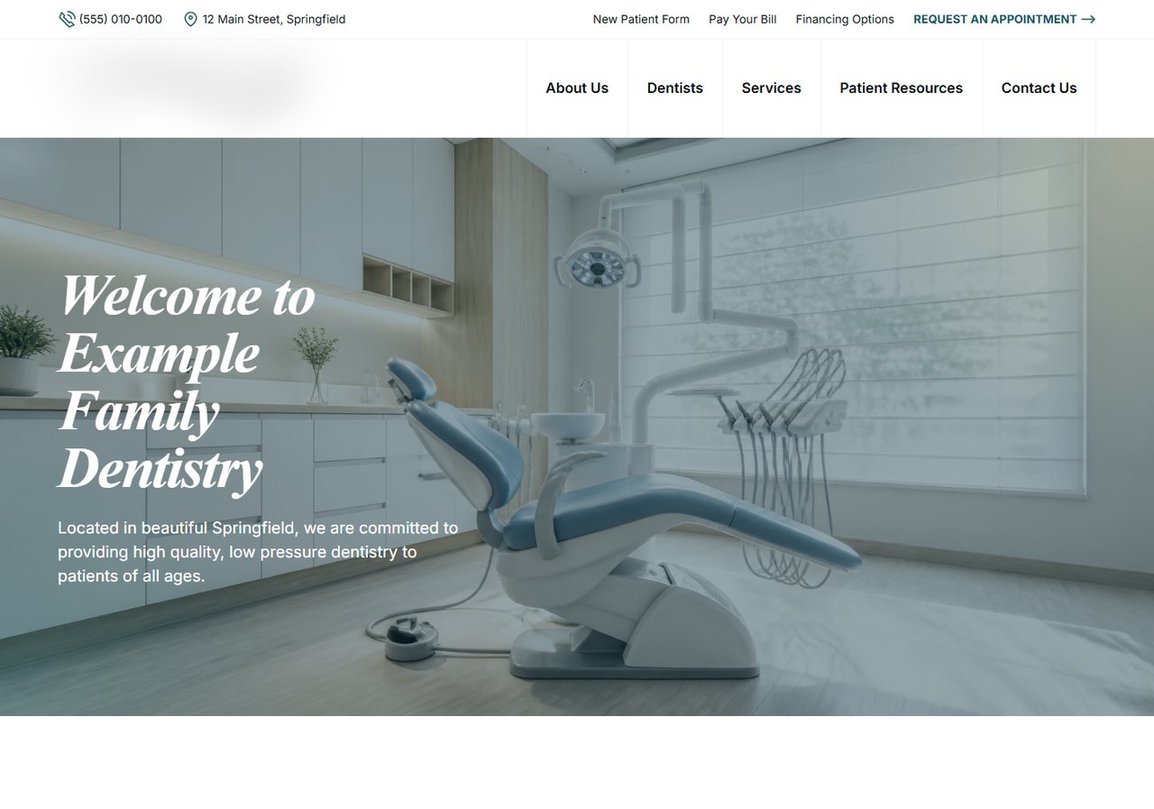 Family dentistry homepage with a photograph of a treatment room and a serif italic welcome headline