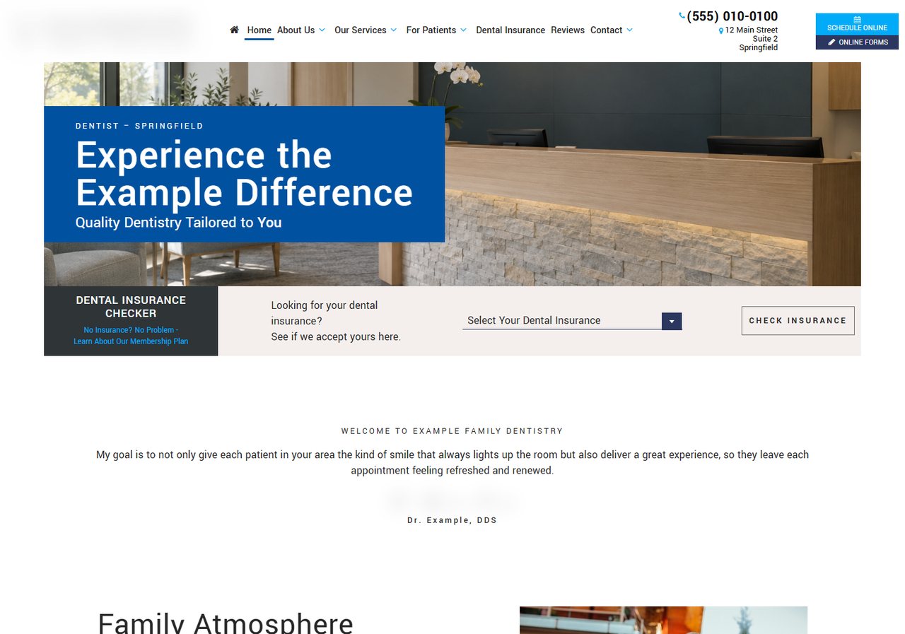 Dental practice homepage with a blue banner headline over an office photo and an insurance checker directly beneath it