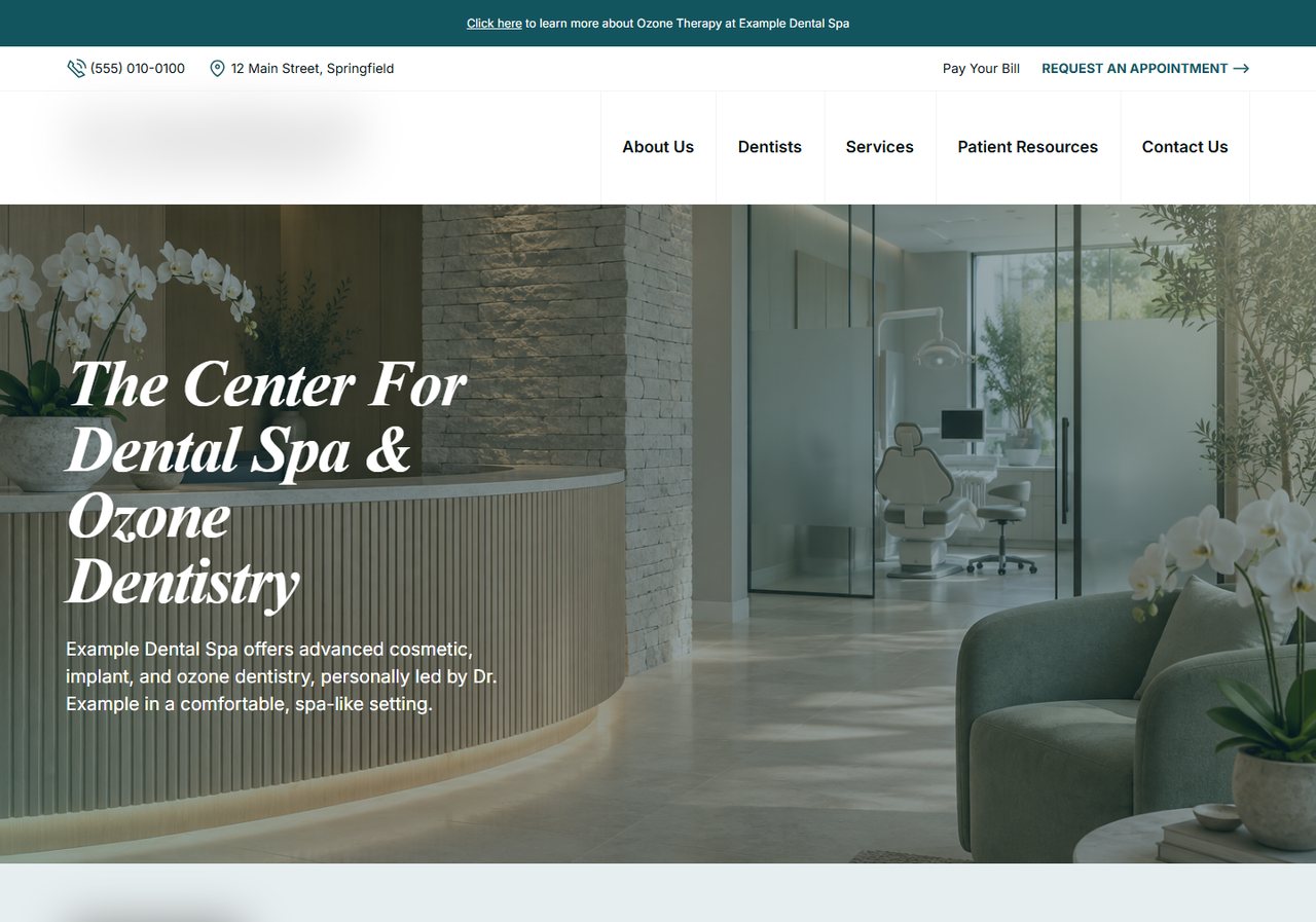 Dental spa homepage with a wide photograph of the interior and a serif italic headline