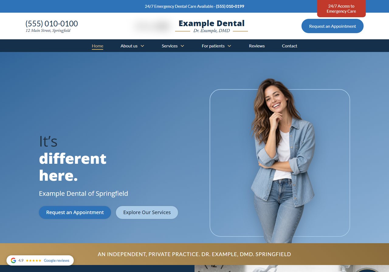 Homepage of a dental practice website built by QuillBright: a blue photographic hero, an emergency care bar across the top, and a Google review badge