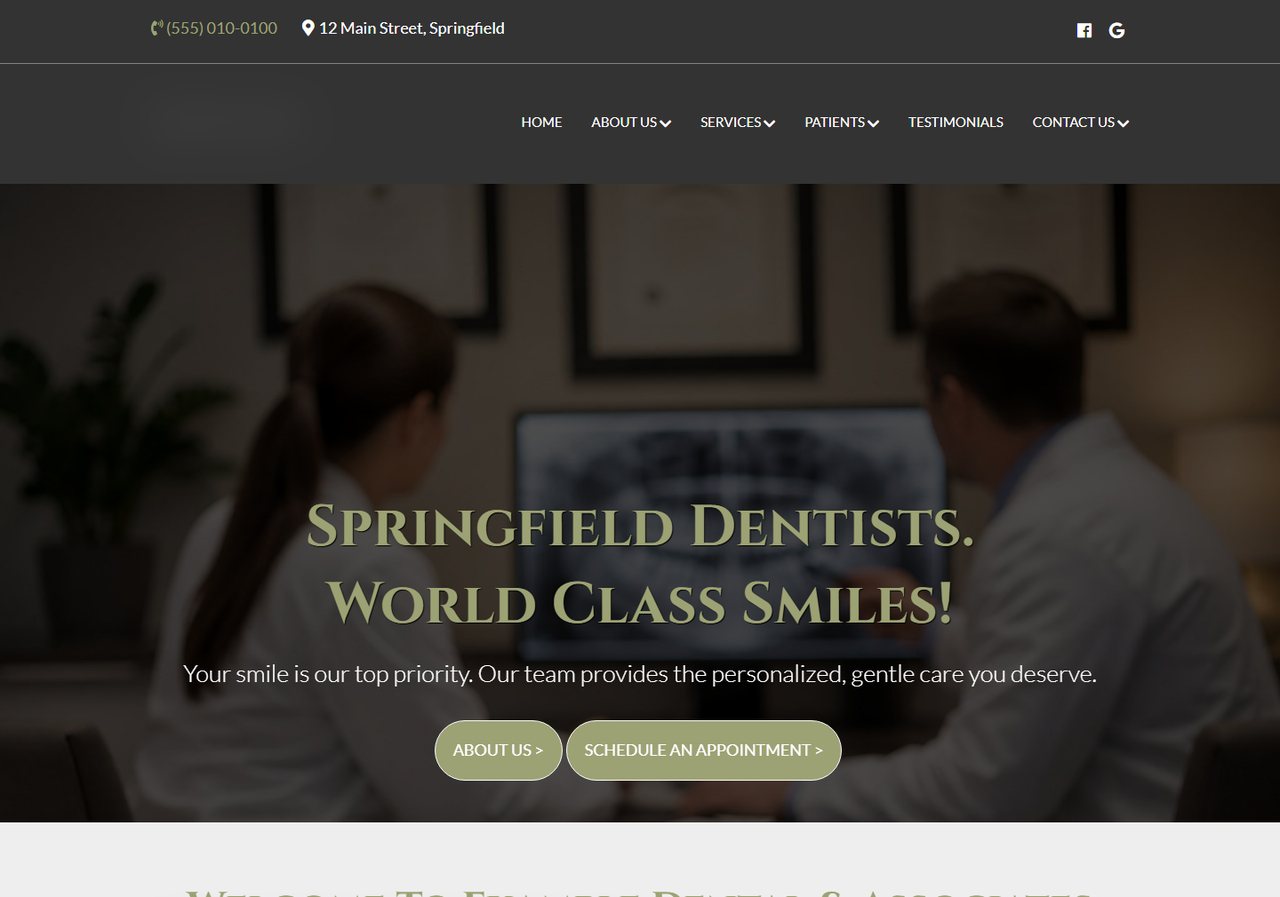 Dental practice homepage with a dark clinical photograph and a gold serif headline naming the neighborhood