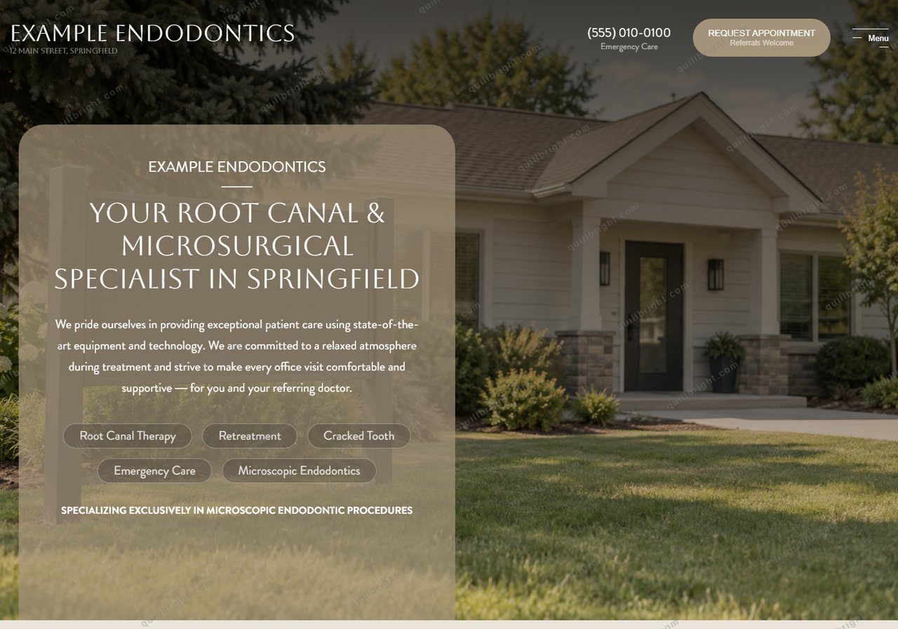 Endodontics homepage with a dark photographic hero and a translucent panel listing treatments